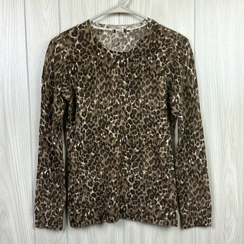 J Mclaughlin‎ Womens Sweater XS Cashmere Cheetah Knit Scoop Brown Soft Button